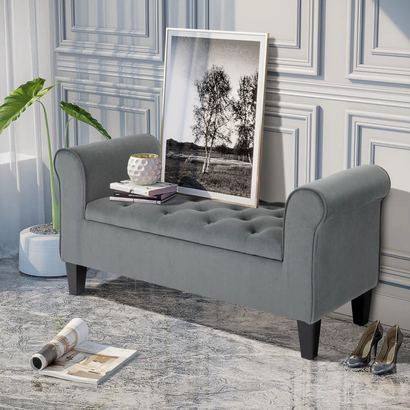 Button Tufted Storage Ottoman Bench, End of Bed Bench with Rolled Arms, Storage Chest for Living Room, Entryway, Grey