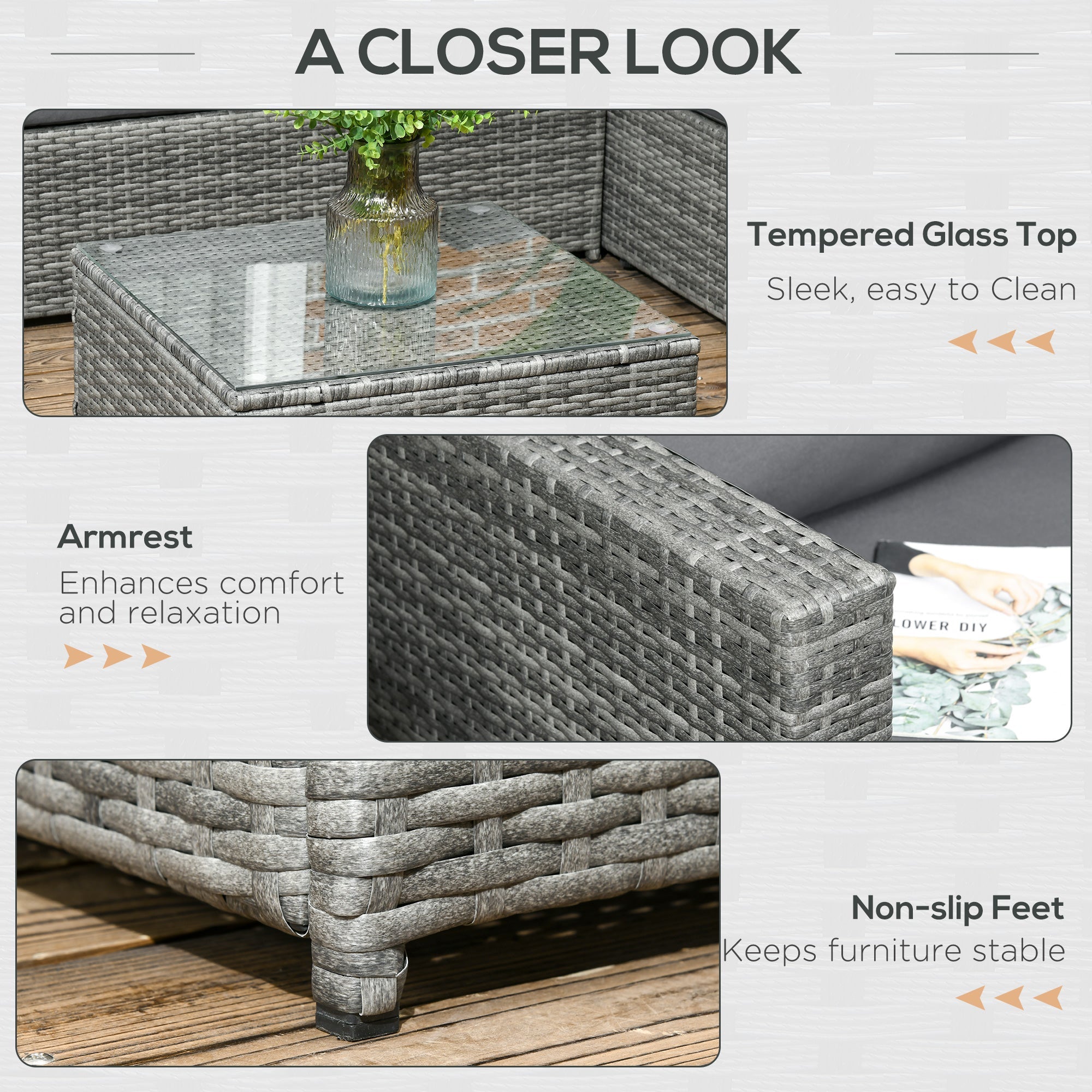 Outsunny 3-Piece Rattan Wicker Patio Set, Grey Cushioned Outdoor Conversation Furniture with Loveseats, Coffee Table