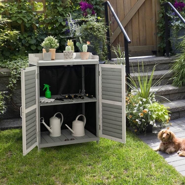 Grey Solid Wood Patio Storage Cabinet Garden Potting Bench Table with Metal Top - Free Shipping