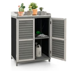 Grey Solid Wood Patio Storage Cabinet Garden Potting Bench Table with Metal Top - Free Shipping