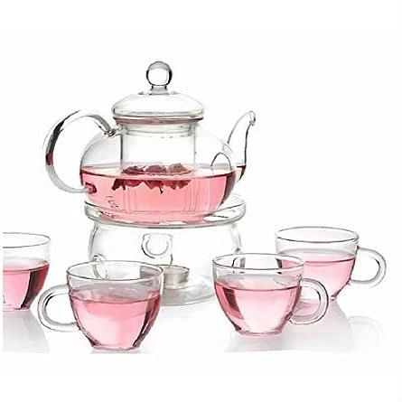 6-Piece Glass Tea Pot Set with 4 Cups Teapot Warmer and Infuser - Free Shipping