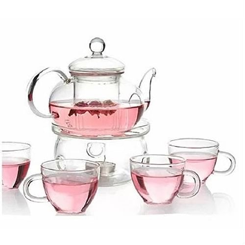 6-Piece Glass Tea Pot Set with 4 Cups Teapot Warmer and Infuser - Free Shipping