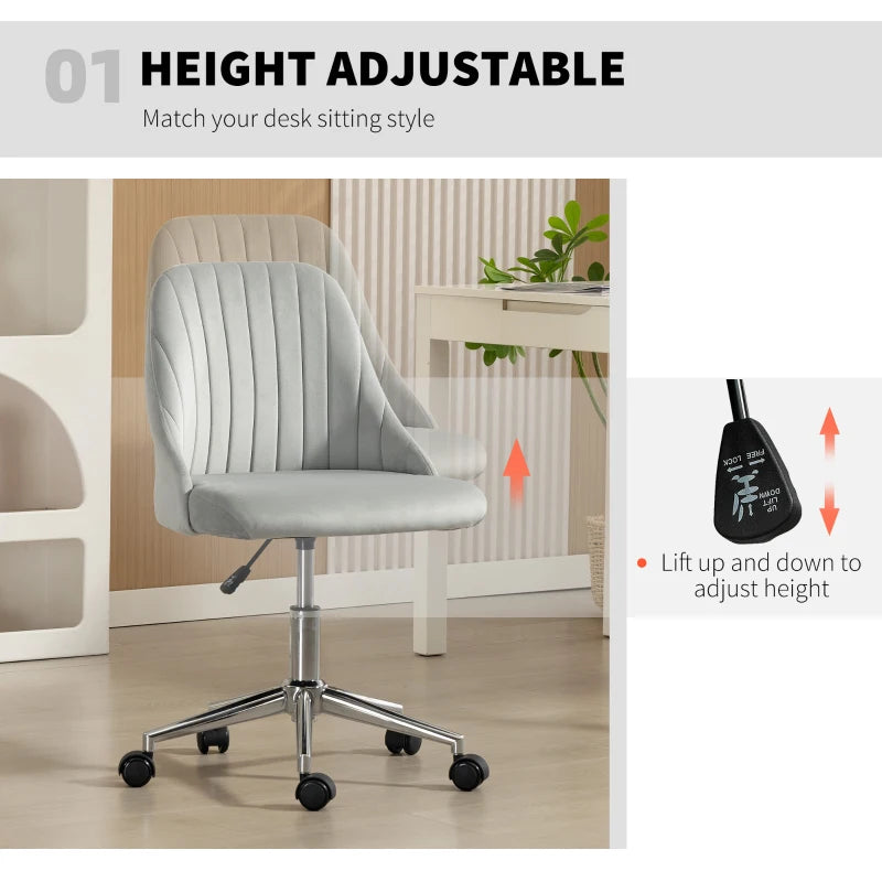 Vanity Chair for Makeup, Velvet Comfy Office Chair with Adjustable Height, Swivel Wheels for Bedroom, Living Room, Grey