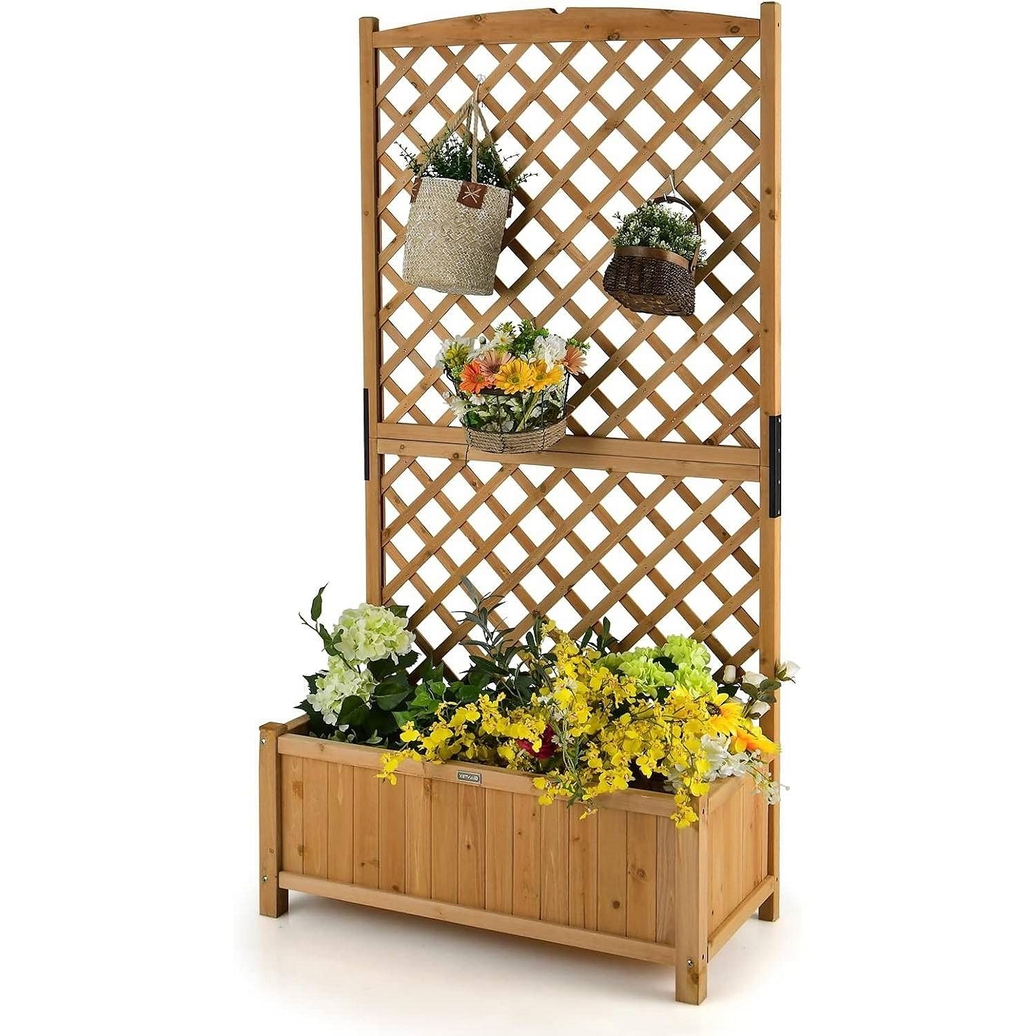 Outdoor Fir Wood Raised Garden Bed Planter Box with 71-inch High Trellis - Free Shipping