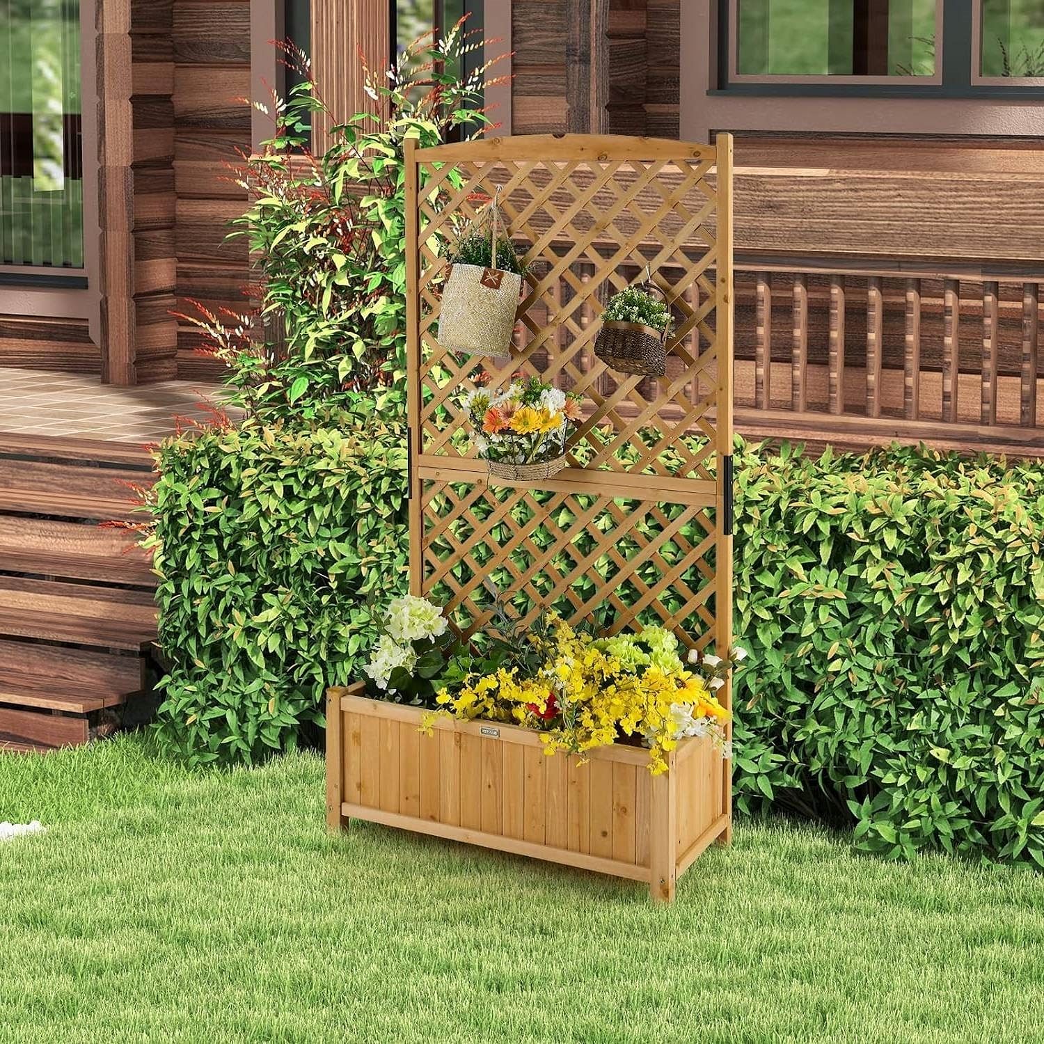 Outdoor Fir Wood Raised Garden Bed Planter Box with 71-inch High Trellis - Free Shipping