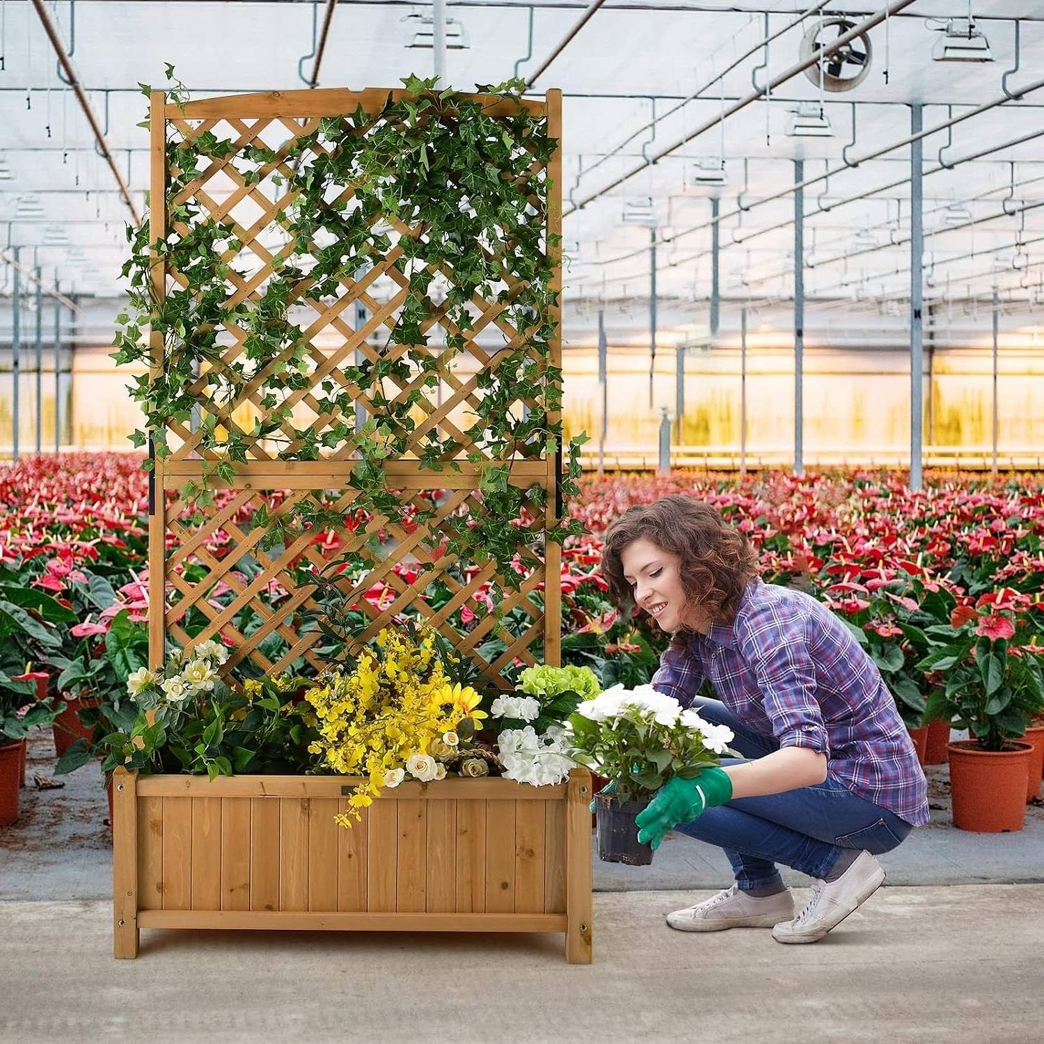 Outdoor Fir Wood Raised Garden Bed Planter Box with 71-inch High Trellis - Free Shipping