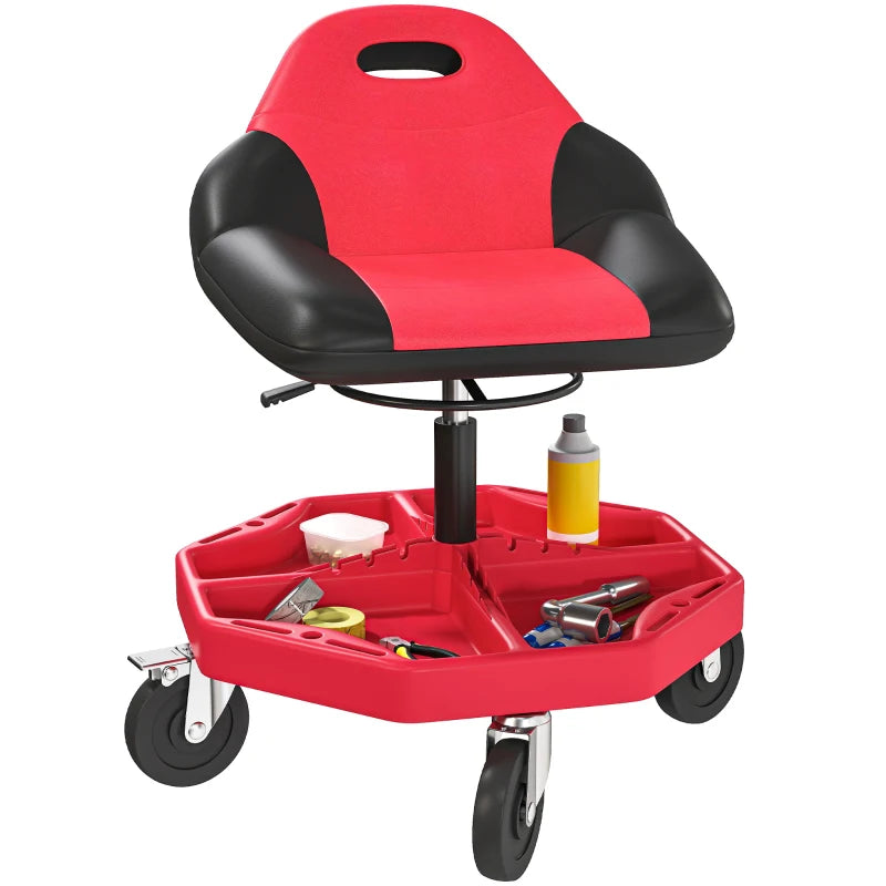 Rolling Garage Stool, 300 LBS Capacity Mechanic Stool with 5" Wheels, Tool Tray Storage, Adjustable Height, Red