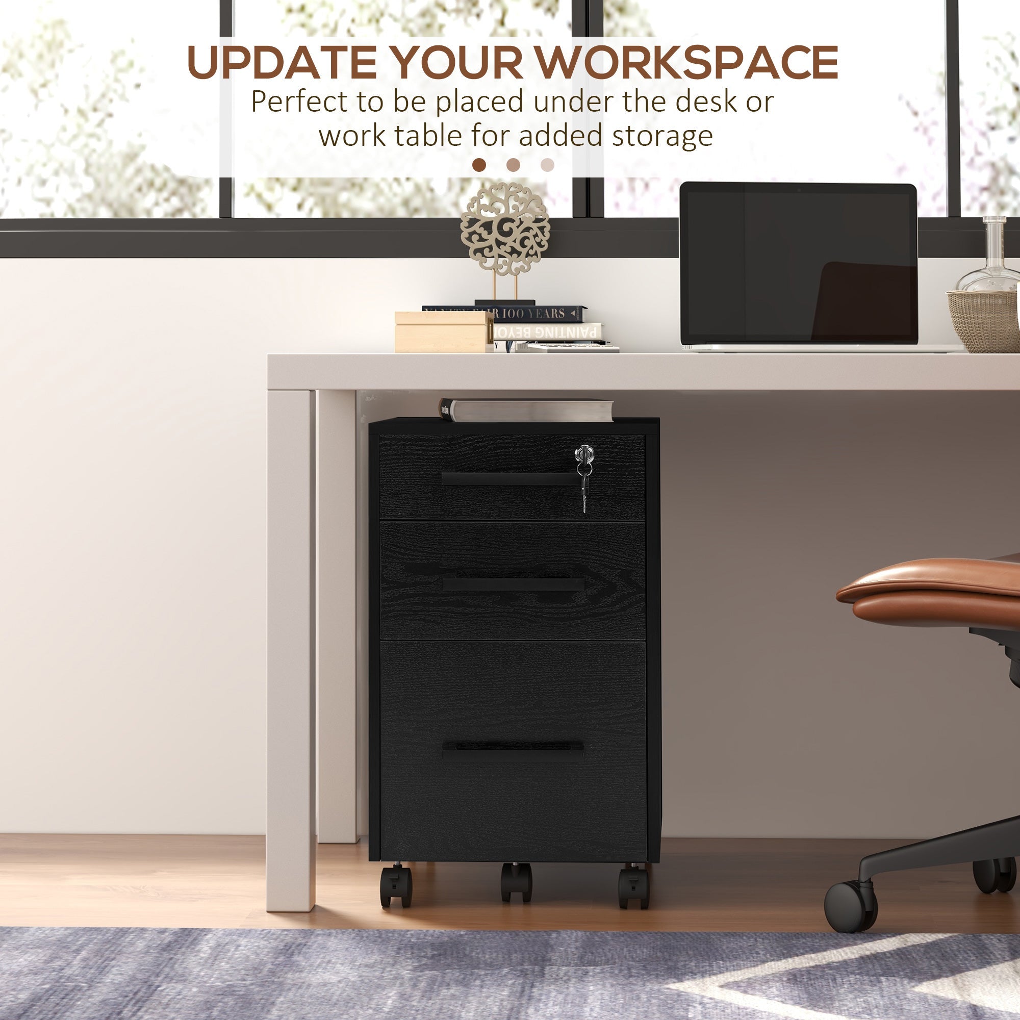 HOMCOM 3-Drawer Lockable File Cabinet Vertical Office Storage with Hanging Bars for A4 Letter Size Documents Black