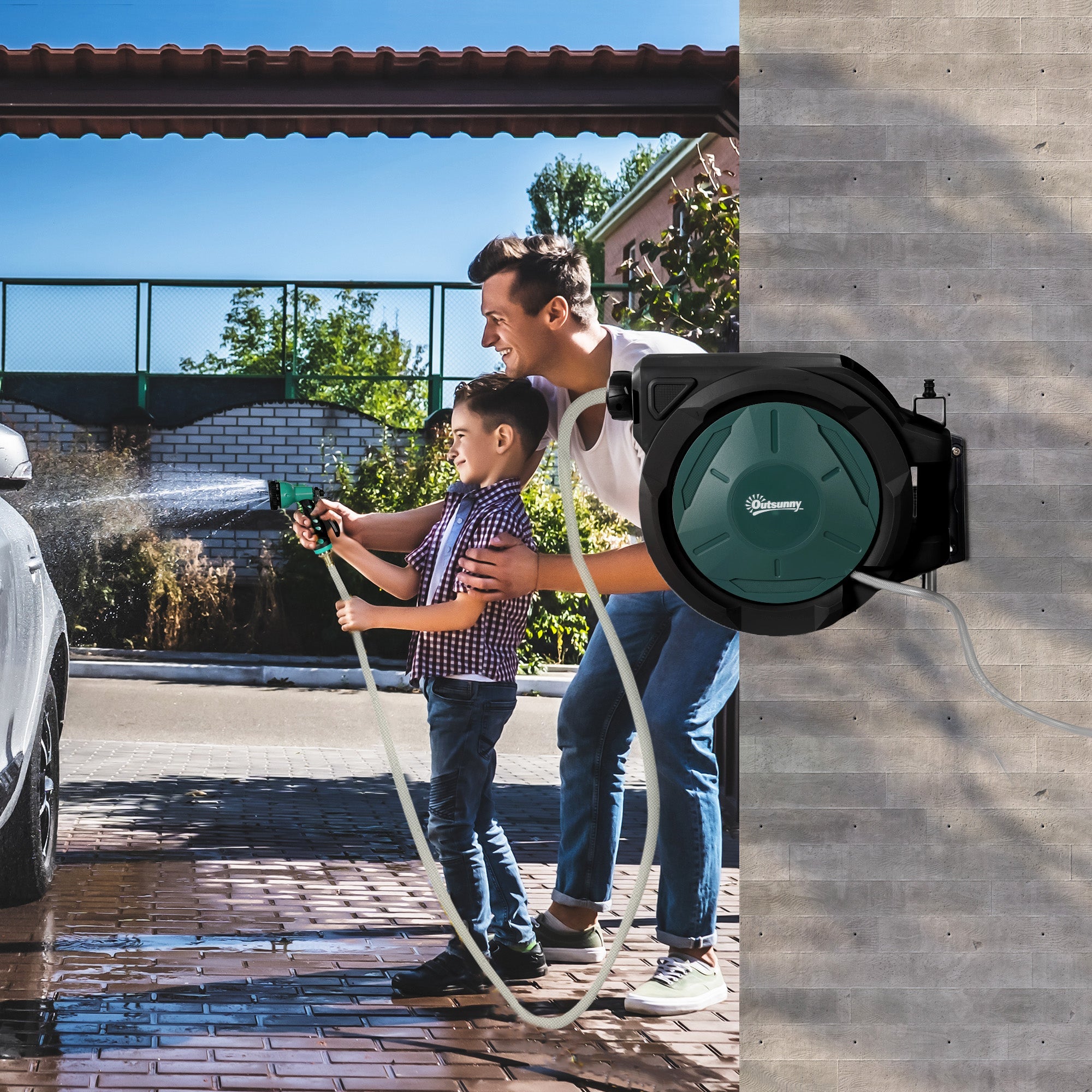 Outsunny 1/2 in x 65ft Wall Mounted Garden Hose Reel, Retractable Water Hose Reel with Auto Rewind, Any Length Lock, Blue