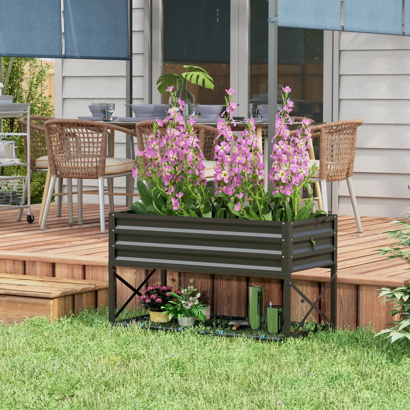 Galvanized Raised Garden Bed, Metal Planter Box with Bed Liner and Storage Shelf, for Vegetables Flowers Herbs, Black