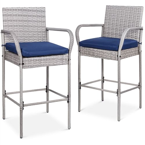 Set of 2 Grey Indoor/Outdoor Wicker Bar Stools w/ 2 Blue Cushions - Free Shipping