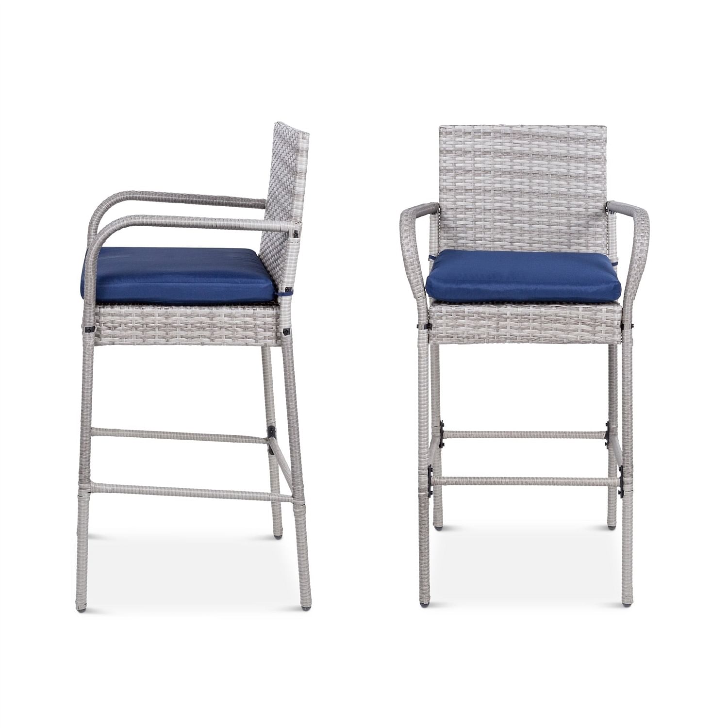 Set of 2 Grey Indoor/Outdoor Wicker Bar Stools w/ 2 Blue Cushions - Free Shipping