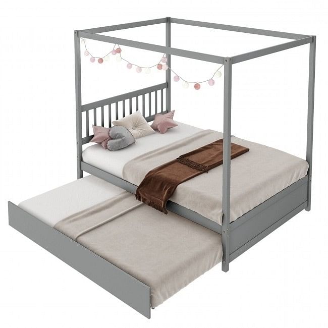 Gray Full Size Canopy Platform Bed with Twin Roller Trundle Bed - Free Shipping