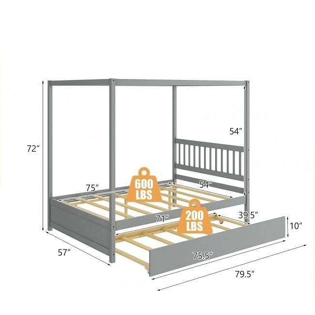 Gray Full Size Canopy Platform Bed with Twin Roller Trundle Bed - Free Shipping
