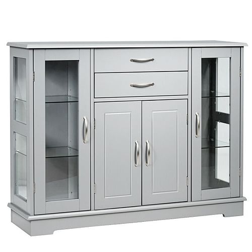 Grey Wood Buffet Sideboard Cabinet with Glass Display Doors - Free Shipping