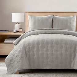 Full/Queen Hexagonal Pattern Lightweight Grey Textured Cotton 3 Piece Quilt Set - Free Shipping