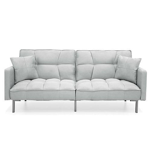Plush Gray Split-Back Design Convertible Linen Tufted Futon w/ 2 Pillows - Free Shipping