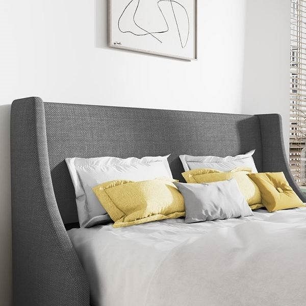 Full Size Grey Linen Blend Upholstered Platform Bed with Wingback Headboard - Free Shipping