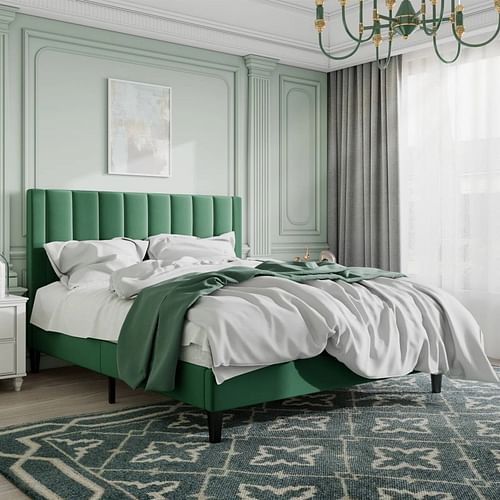 Full size Modern Green Velvet Upholstered Platform Bed with Headboard - Free Shipping