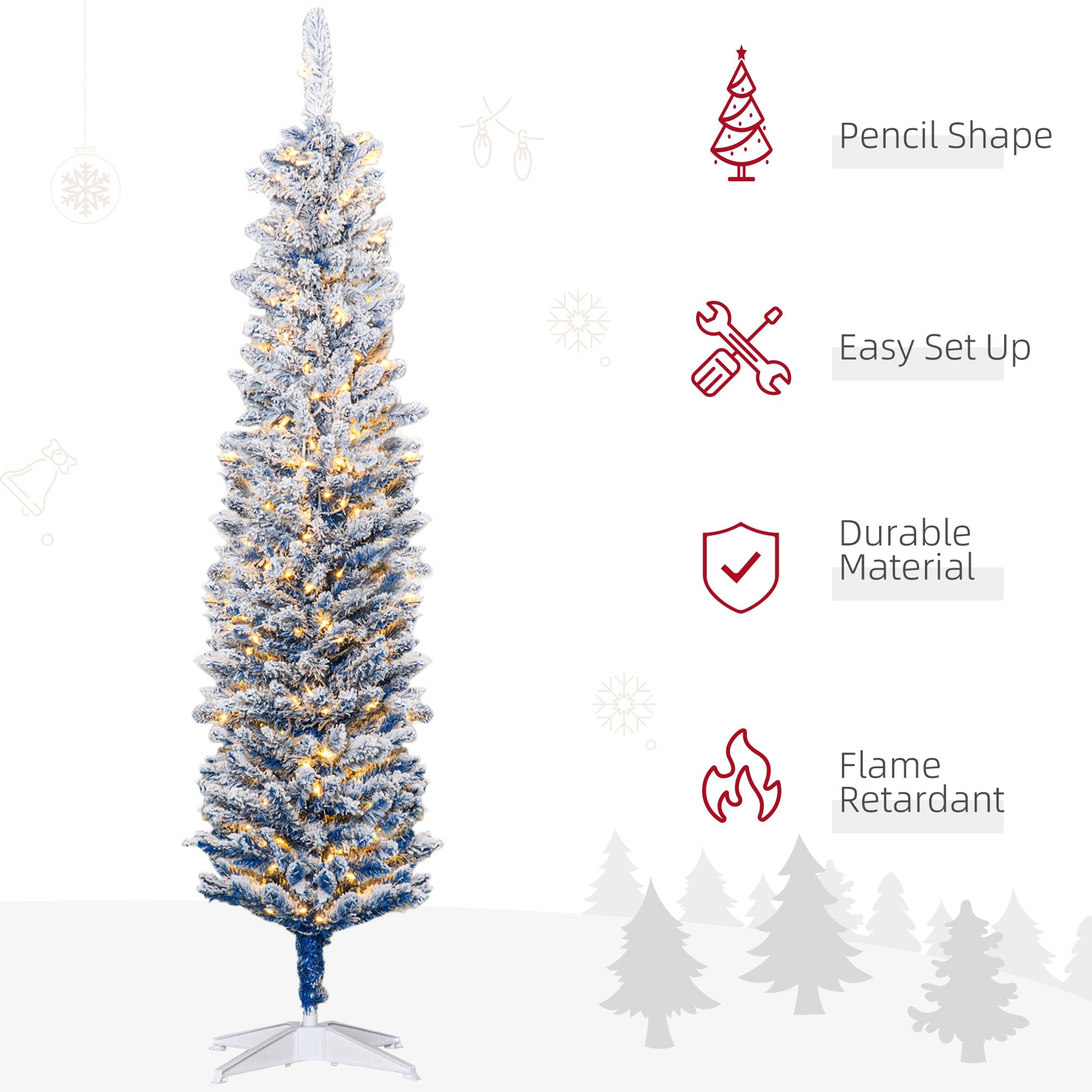 HOMCOM 6ft Blue Snow Flocked Pencil Christmas Tree, Pre-Lit Artificial Tree with Snowy Branches