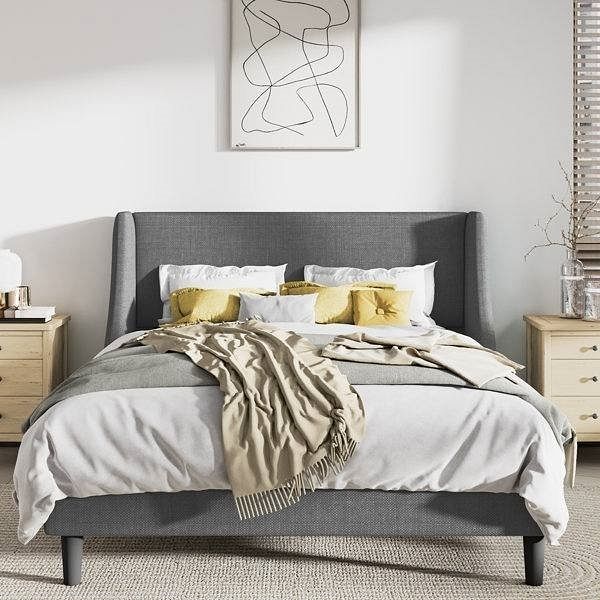 King Size Upholstered Linen Blend Headboard Wingback Platform Bed in Grey - Free Shipping