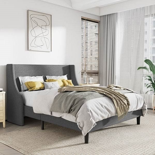 King Size Upholstered Linen Blend Headboard Wingback Platform Bed in Grey - Free Shipping