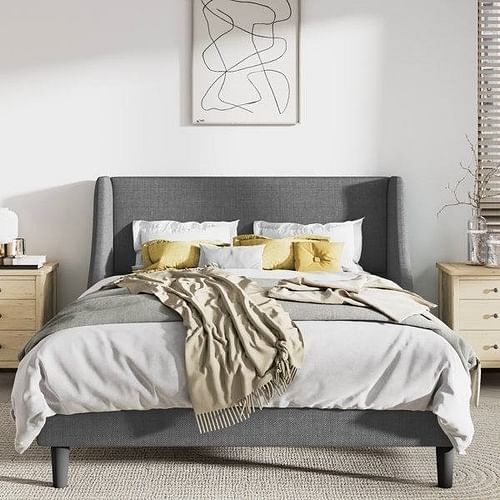 King Size Upholstered Linen Blend Headboard Wingback Platform Bed in Grey - Free Shipping