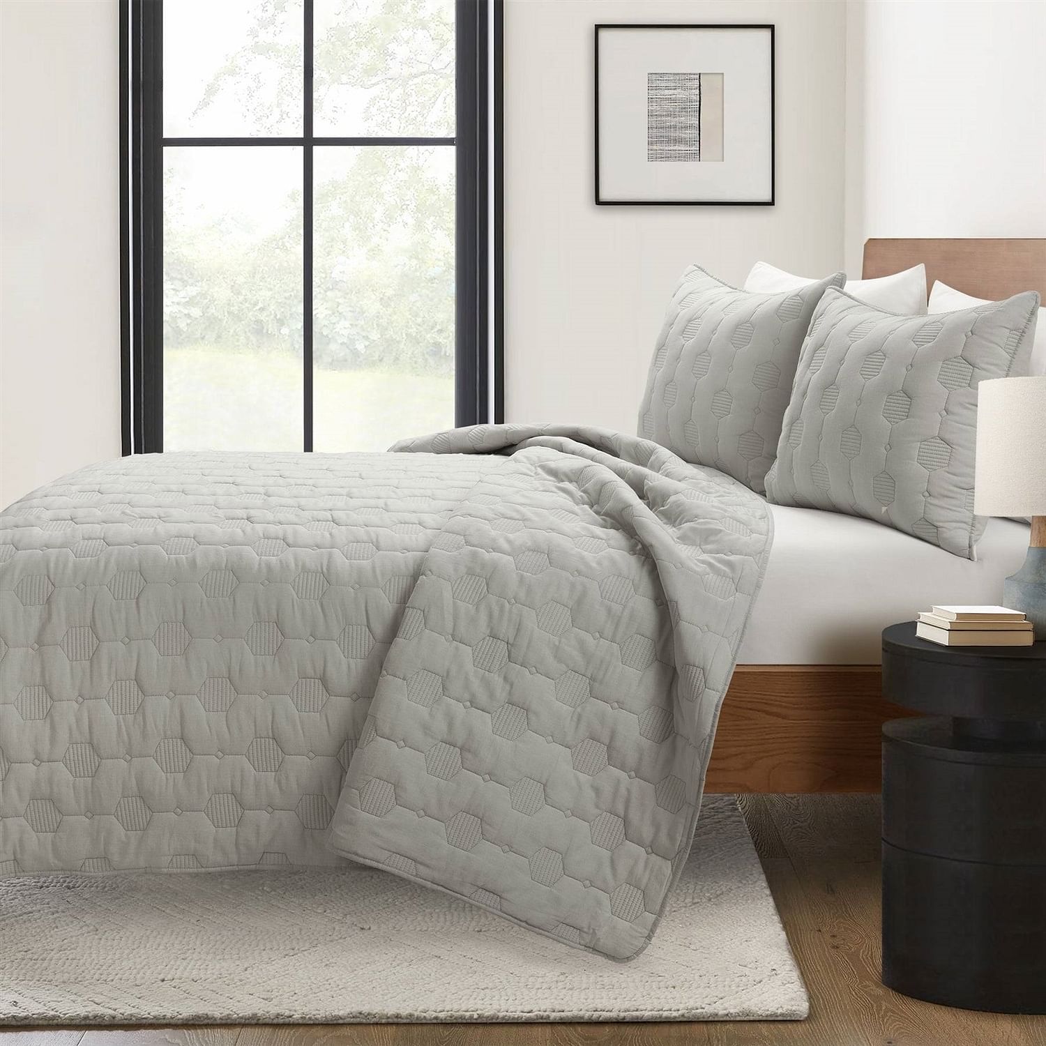 King/CAL King Hexagon Pattern Lightweight Grey Textured Cotton 3 Piece Quilt Set - Free Shipping