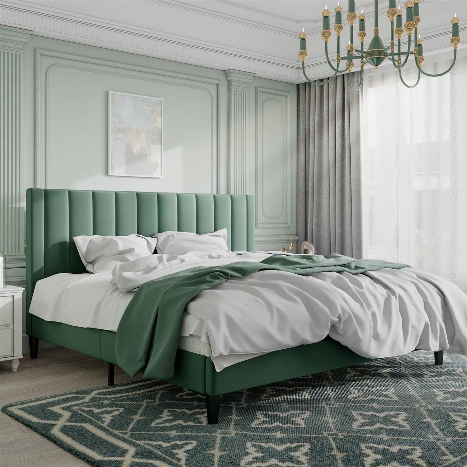 King size Modern Green Velvet Upholstered Platform Bed with Headboard - Free Shipping