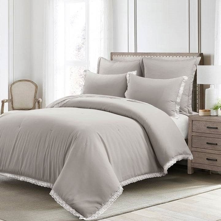 King French Country Grey 5-Piece Lightweight Comforter Set with Lace Trim - Free Shipping