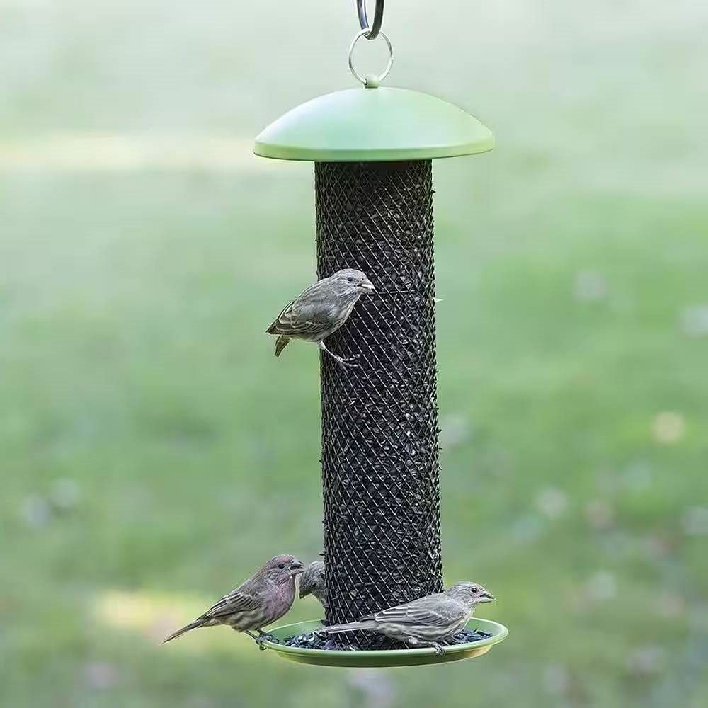 Outdoor Metal Mesh Tube Hanging Bird Feeder with Green Top and Perch - Free Shipping