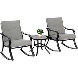 Outdoor 3-Piece Patio Furniture Table Rocking Chairs Set with Grey Cushions - Free Shipping