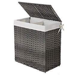 Grey PP Rattan 29-Gal Laundry Hamper Basket w/ 2-Compartment Washable Liner Bag - Free Shipping