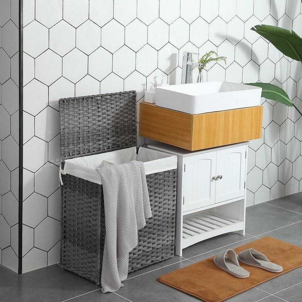 Grey PP Rattan 29-Gal Laundry Hamper Basket w/ 2-Compartment Washable Liner Bag - Free Shipping