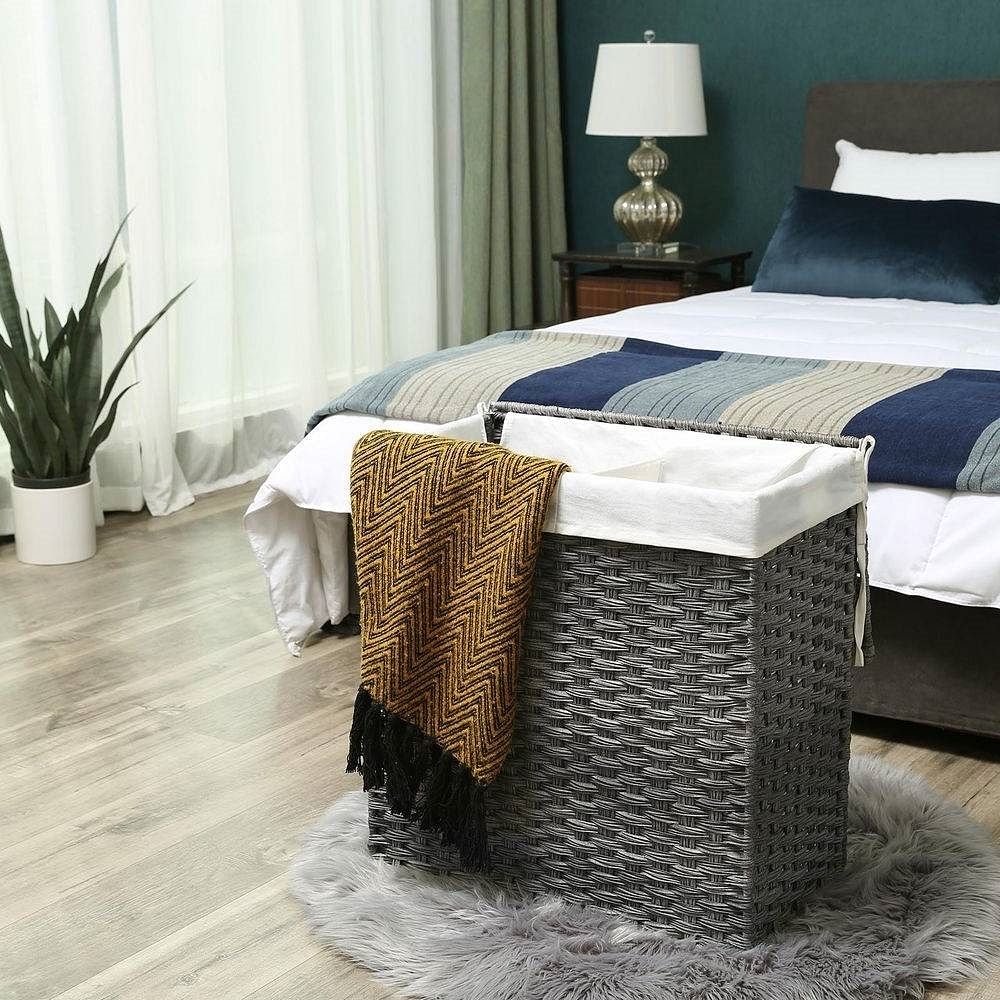 Grey PP Rattan 29-Gal Laundry Hamper Basket w/ 2-Compartment Washable Liner Bag - Free Shipping