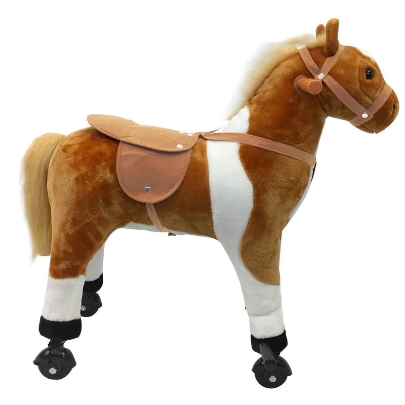 Qaba Kids Rocking Horse, Large Walking Ride on Toy for Toddlers 3 year old, Baby Plush Animal Rocker with Sound and Wheel, Brown