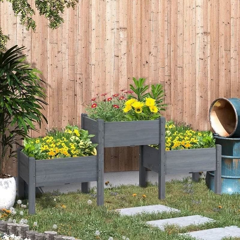 3 Grey Wood Elevated Planter Set Vegetable Herb Flowers Raised Garden Beds - Free Shipping