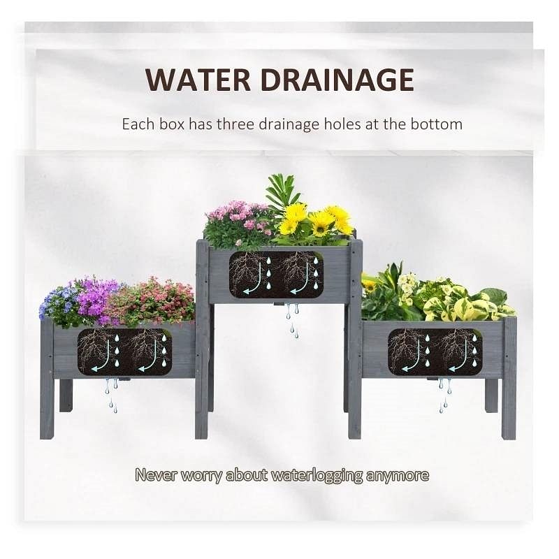 3 Grey Wood Elevated Planter Set Vegetable Herb Flowers Raised Garden Beds - Free Shipping