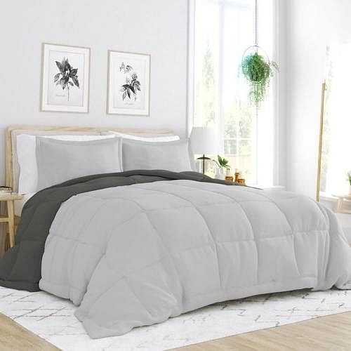Full/Queen 3-Piece Microfiber Reversible Comforter Set in Grey / Light Grey - Free Shipping