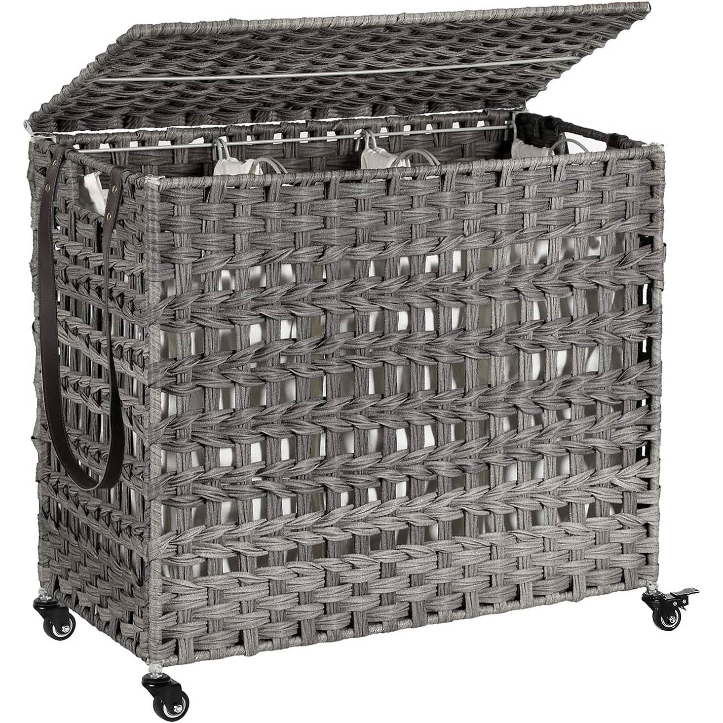 Grey PP Rattan 3-Basket Laundry Hamper Sorter Cart with Removable Cotton Bags - Free Shipping