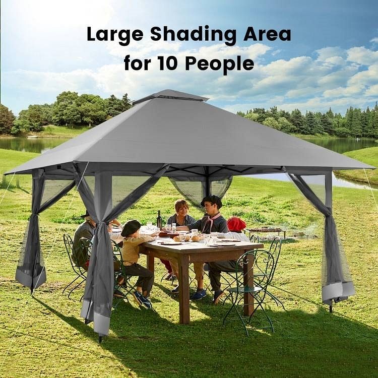 Grey 13 x 13 Ft Pop-Up Gazebo Outdoor Canopy w/ Mesh Mosquito Netting Sidewalls - Free Shipping