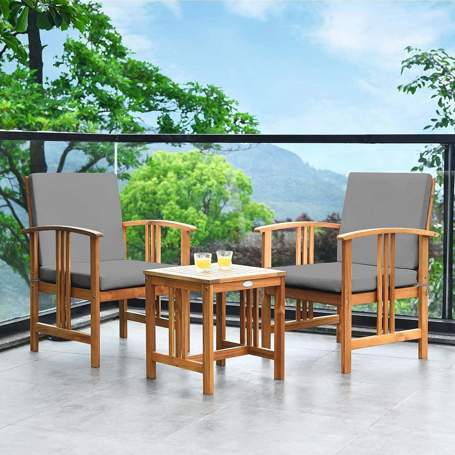 3-Piece Solid Wood Outdoor Patio Furniture Chairs Table Set with Grey Cushions - Free Shipping