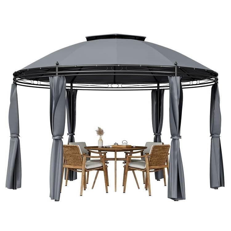 Circular Dome Hexagon Gazebo Canopy with Polyester Privacy Curtain in Grey - Free Shipping