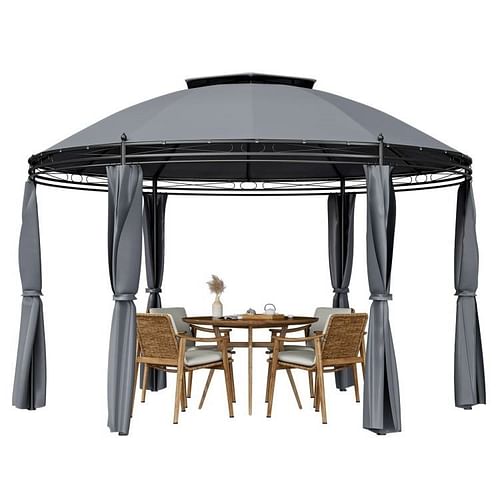 Circular Dome Hexagon Gazebo Canopy with Polyester Privacy Curtain in Grey - Free Shipping