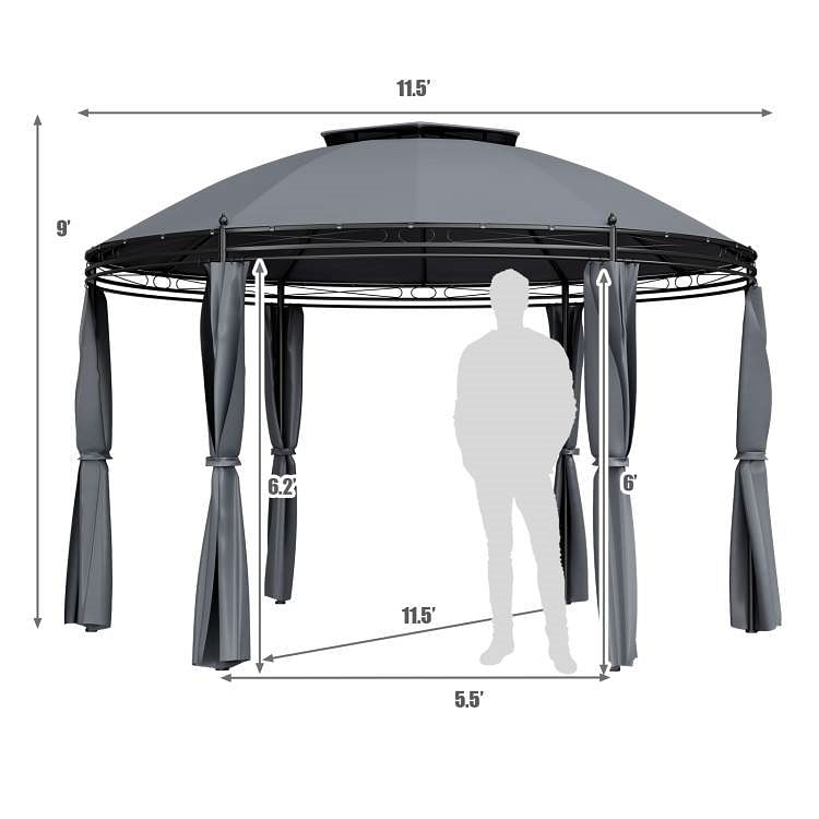 Circular Dome Hexagon Gazebo Canopy with Polyester Privacy Curtain in Grey - Free Shipping