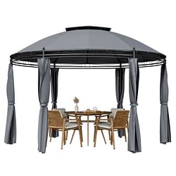 Circular Dome Hexagon Gazebo Canopy with Polyester Privacy Curtain in Grey - Free Shipping