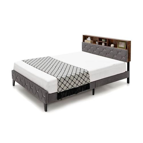 Full Size Velvet Upholstered Open/Close Storage Headboard Platform Bed - Free Shipping