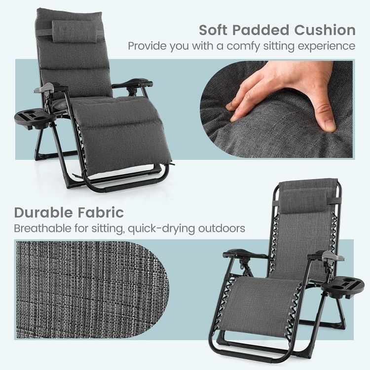 Grey Zero Gravity Adjustable Lounge Chair Removable Cushion Cup Holder Tray - Free Shipping