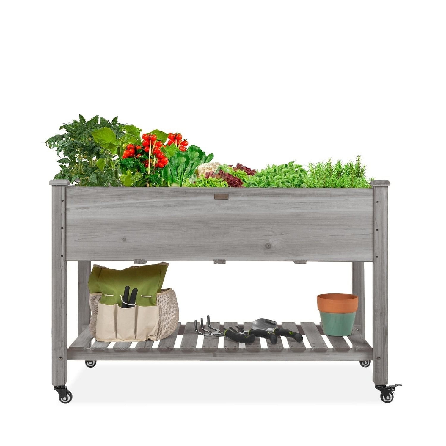 Outdoor Grey Wood Raised Garden Bed Planter Box with Shelf and Locking Wheels - Free Shipping