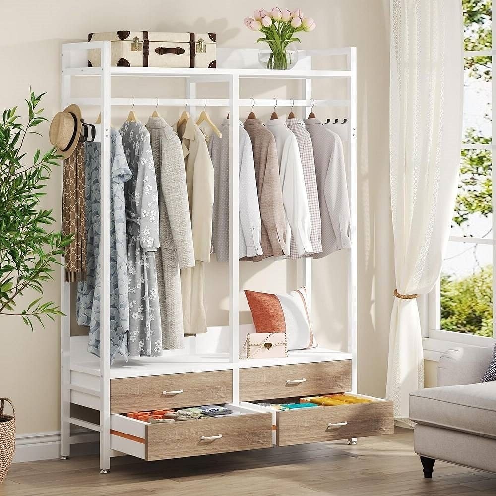 Freestanding White Oak Garment Rack Clothes Hanging Rod with 4 Storage Drawers - Free Shipping